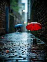 en röd paraply Sammanträde på en kullersten gata i de regn generativ ai foto