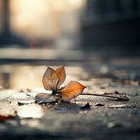 en enda blad liggande på de jord i de mitten av de gata generativ ai foto