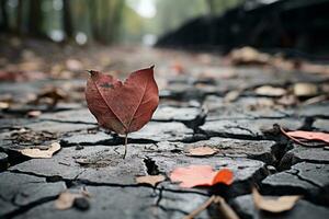 en enda röd blad sitter på de jord i de mitten av en spricka i de trottoar generativ ai foto