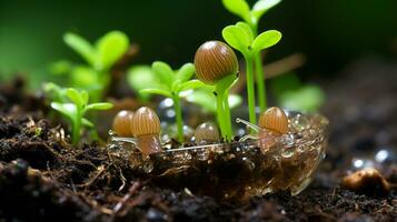 en små växt växande ut av de jord med vatten droppar på den generativ ai foto