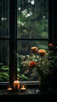 en vas av blommor och ljus sitta på en fönster tröskel i de regn generativ ai foto