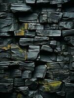 en vägg tillverkad av svart sten med gul måla på den generativ ai foto