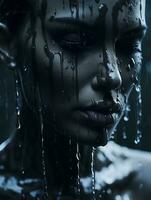 en kvinna täckt i vatten och droppande på henne ansikte generativ ai foto