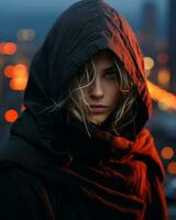 en kvinna i en svart huvor jacka stående i främre av en stad på natt generativ ai foto