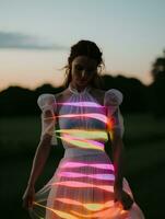 en kvinna i en klänning med neon lampor på den generativ ai foto