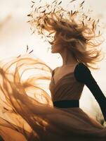 en kvinna i en lång klänning med henne hår blåser i de vind generativ ai foto