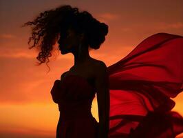 en kvinna i en röd klänning är silhouetted mot en solnedgång generativ ai foto