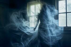 en kvinna i en vit klänning är stående i främre av en fönster generativ ai foto