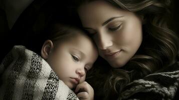 en kvinna är innehav en bebis medan om ner generativ ai foto