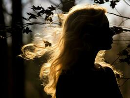 en kvinna är silhouetted mot en träd med löv blåser i de vind generativ ai foto