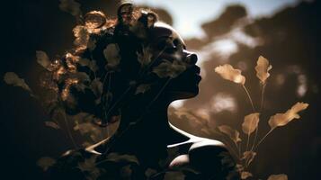 en kvinna är silhouetted i de Sol med löv i henne hår generativ ai foto