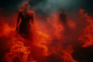 en kvinna stående i främre av brand i de mörk generativ ai foto