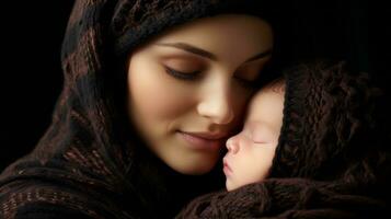 en kvinna bär en slöja innehav en bebis generativ ai foto