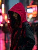 en kvinna bär en röd huvor jacka generativ ai foto
