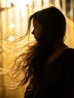 en kvinna med lång hår stående i främre av en fönster generativ ai foto