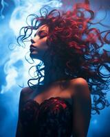 en kvinna med röd hår och rök kommande ut av henne hår generativ ai foto