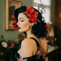 en kvinna med tatueringar och röd blommor i henne hår generativ ai foto