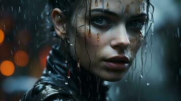 en kvinna med våt hår i de regn generativ ai foto