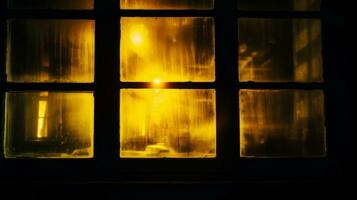 en gul ljus lysande genom en fönster på natt generativ ai foto