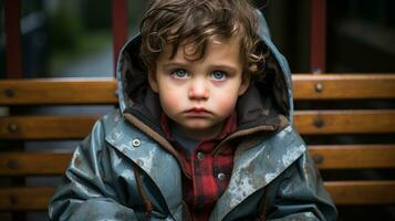 en ung pojke i en jacka Sammanträde på en bänk generativ ai foto