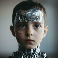 en ung pojke med en robot ansikte och blå ögon generativ ai foto