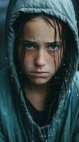 en ung flicka i en luvtröja med vatten på henne ansikte generativ ai foto