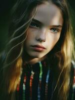 en ung flicka med fräknar på henne ansikte generativ ai foto