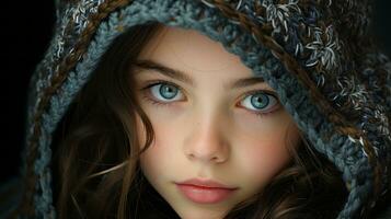 en ung flicka med blå ögon är bär en luvtröja generativ ai foto