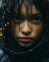 en ung flicka med våt hår och regn droppar på henne ansikte generativ ai foto