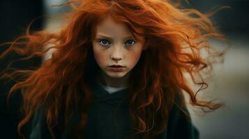 en ung flicka med lång röd hår generativ ai foto