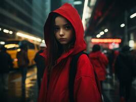 en ung kvinna i en röd luvtröja stående i de mitten av en stad gata generativ ai foto