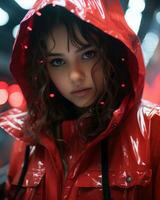 en ung kvinna i en röd regnkappa generativ ai foto