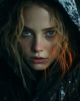 en ung kvinna med blå ögon i de regn generativ ai foto