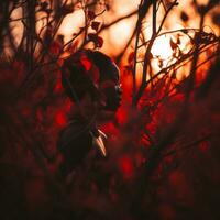 ett afrikansk kvinna i de röd löv av en träd generativ ai foto