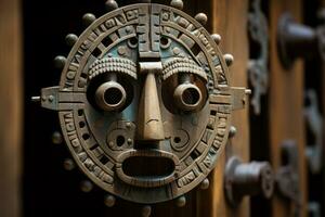 ett gammal mayan mask på en trä- dörr generativ ai foto