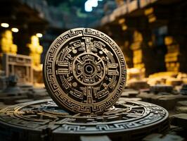 ett gammal mayan mynt Sammanträde på topp av en lugg av tegelstenar generativ ai foto