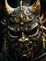 ett asiatisk demon mask med horn och röd ögon generativ ai foto