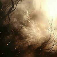 ett bild av en mörk skog med rök kommande ut av den generativ ai foto