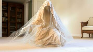 ett bild av en spöke Sammanträde på de golv i en rum generativ ai foto