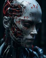 ett bild av en robot med blod på dess ansikte generativ ai foto