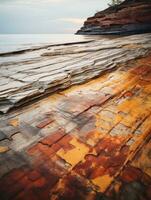 ett bild av en klippig strandlinje med orange måla på den generativ ai foto