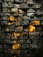 ett bild av en vägg tillverkad ut av svart och guld tegelstenar generativ ai foto