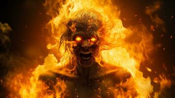ett bild av en kvinna med lysande ögon och brand kommande ut av henne huvud generativ ai foto