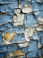 ett gammal blå och vit målad vägg med peeling måla generativ ai foto