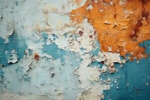 ett orange och blå målad vägg med peeling måla generativ ai foto