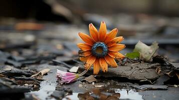 ett orange blomma sitter på de jord Nästa till en lugg av skräp generativ ai foto