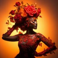 skön afrikansk kvinna i röd klänning med ro på henne huvud generativ ai foto