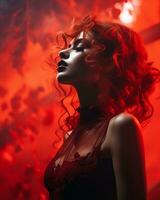 skön röd håriga kvinna i röd klänning med rök kommande ut av henne hår generativ ai foto
