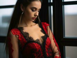 skön kvinna i röd och svart klänning ser ut de fönster generativ ai foto