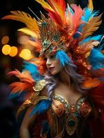 skön kvinna med färgrik fjädrar i henne hår på karneval generativ ai foto